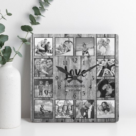 Custom 12 Photo Collage Family Love Reclaimed Wood スクエア壁時計