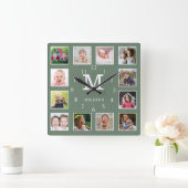 Custom 12 Photo Collage Family Name Monogram Green スクエア壁時計 (ホーム)