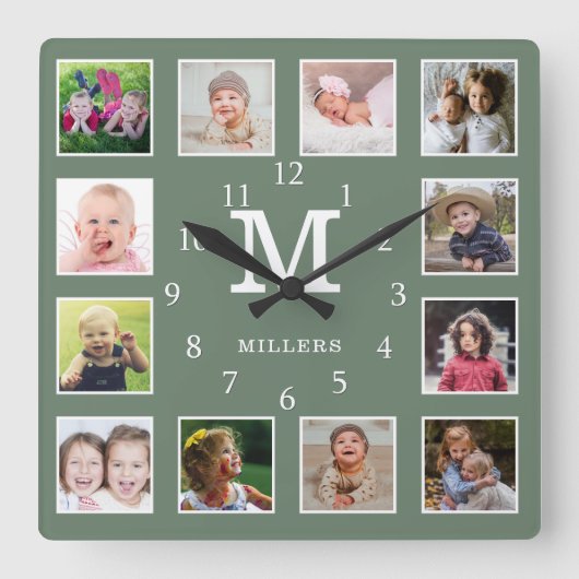 Custom 12 Photo Collage Family Name Monogram Green スクエア壁時計 (正面)