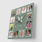 Custom 12 Photo Collage Family Name Monogram Green スクエア壁時計 (傾斜)