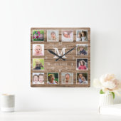 Custom 12 Photo Collage Family Name Monogram Wood スクエア壁時計 (ホーム)