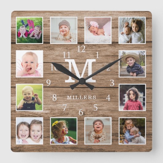 Custom 12 Photo Collage Family Name Monogram Wood スクエア壁時計 (正面)