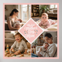Custom 1st Mother's Day Photo Collage Pink Floral ポスター
