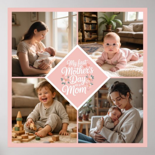 Custom 1st Mother's Day Photo Collage Pink Floral ポスター (正面)