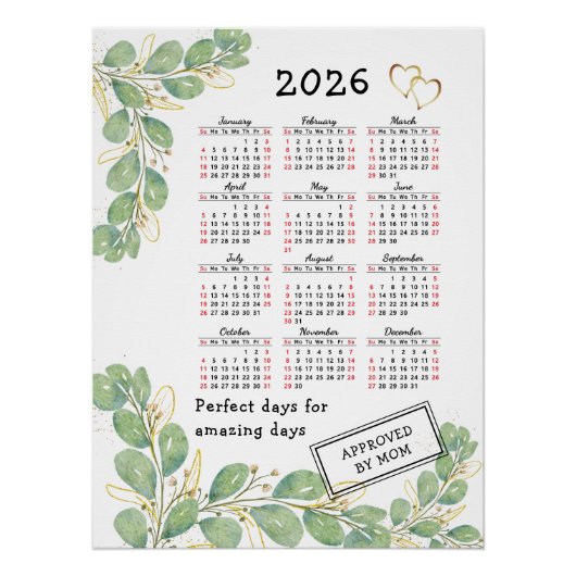 Custom 2026 Calendar with Elegant Eucalyptus ポスター (正面)