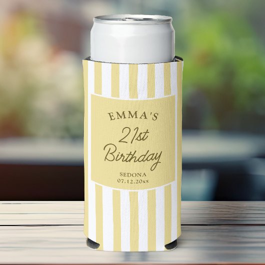 Custom 21st Birthday Cute Yellow Striped Party スリム缶クーラー