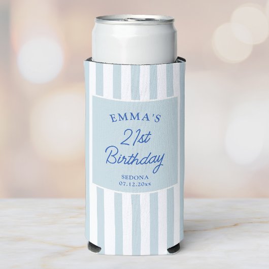 Custom 21st Birthday Preppy Blue Striped Party スリム缶クーラー