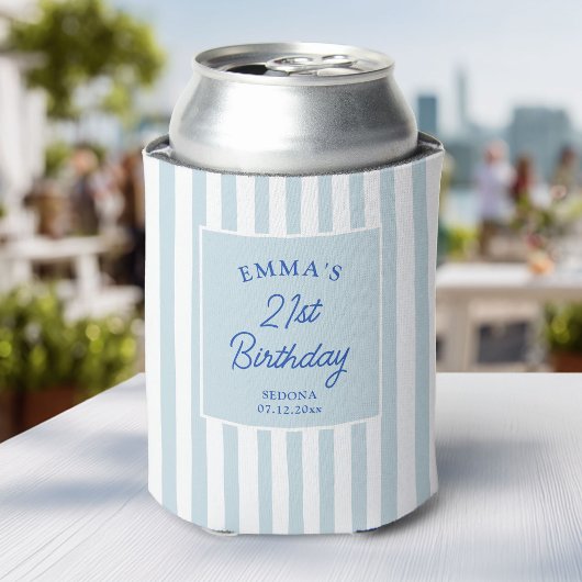 Custom 21st Birthday Preppy Blue Striped Party 缶クーラー