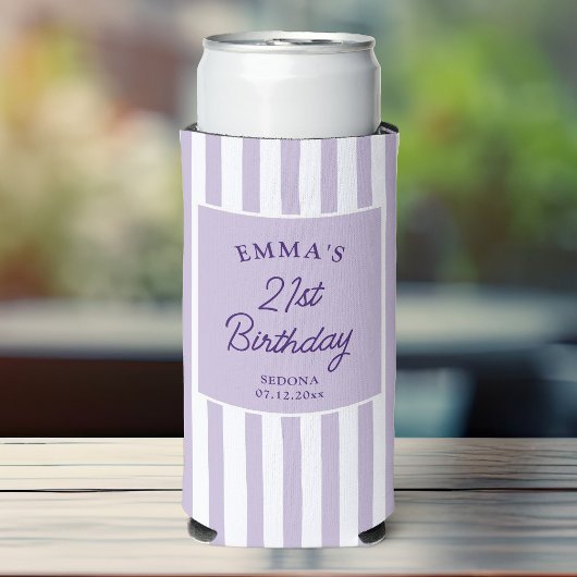 Custom 21st Birthday Preppy Purple Striped Party スリム缶クーラー