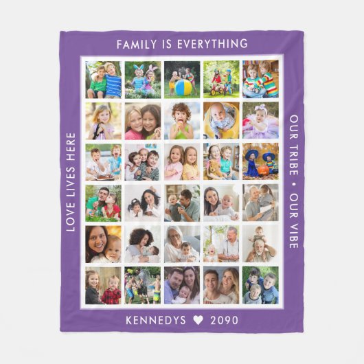 Custom 30 Photo Collage Family Quotes Name Purple  フリースブランケット (正面)