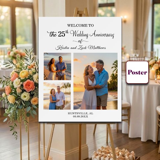 Custom 3 Photos 25th Wedding Anniversary Welcome ポスター