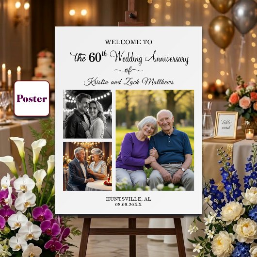 Custom 3 Photos 60th Wedding Anniversary Welcome ポスター