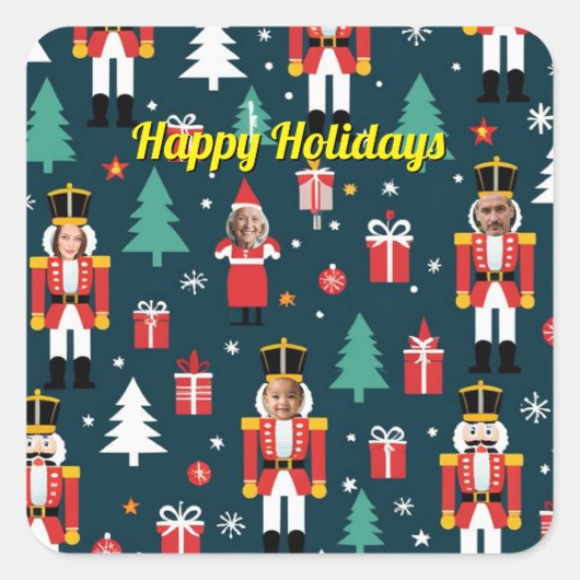 custom 4 face photo Christmas nutcracker スクエアシール (正面)
