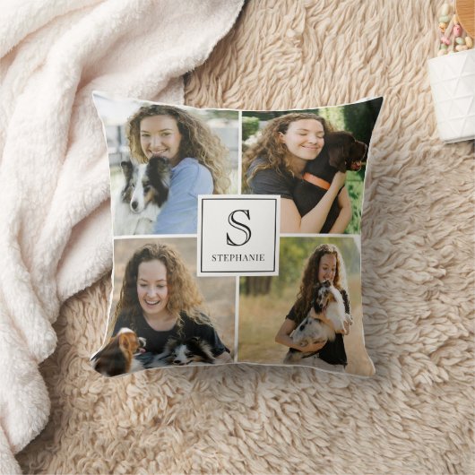 Custom 4 Multi Photo Collage Monogram & Name クッション (ブランケット)
