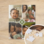 Custom 4 Photo Collage Family Monogram | Olive ジグソーパズル<br><div class="desc">A special personalized gift with 4 of your custom photos and monogram initial. Use the design tools to add additional text in any font and colors you like. Upload more photos, edit the background color or choose a different size option to further customize the design. Custom photo puzzles are an...</div>