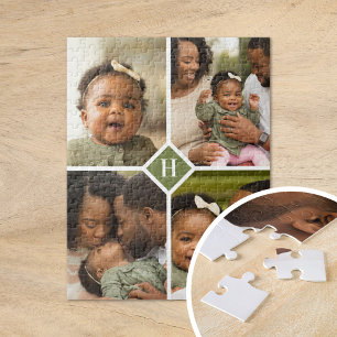 Custom 4 Photo Collage Family Monogram   Olive ジグソーパズル