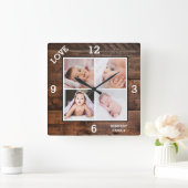 Custom 4 Photo Collage Family Name Love Dark Wood スクエア壁時計 (ホーム)