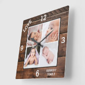 Custom 4 Photo Collage Family Name Love Dark Wood スクエア壁時計 (傾斜)