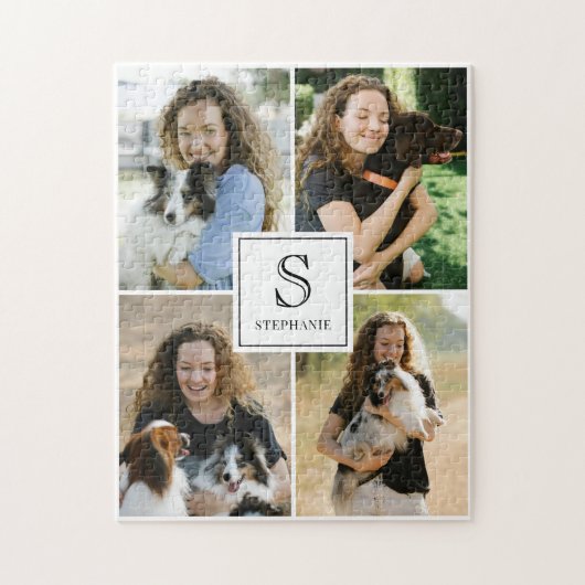 Custom 4 Photo Collage with Monogram and Name ジグソーパズル (縦)