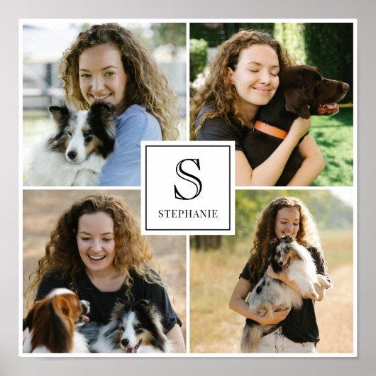 Custom 4 Photo Collage with Monogram and Name ポスター (正面)