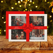 Custom 4 Photo Elegant Big Red Ribbon Christmas シーズンカード