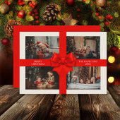 Custom 4 Photo Elegant Big Red Ribbon Christmas シーズンカード