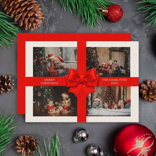 Custom 4 Photo Elegant Big Red Ribbon Christmas シーズンカード