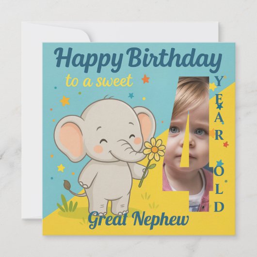 Custom 4th Birthday Elephant Sweet Your Photo Card カード (正面)