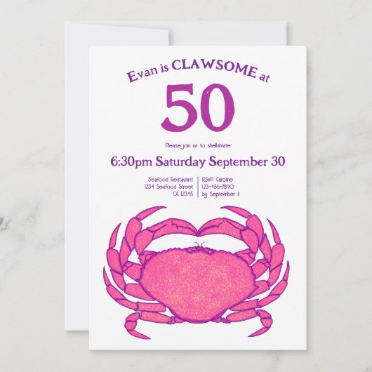 Custom 50th Birthday Bold Pink Crab Seafood Pun 招待状 (正面)