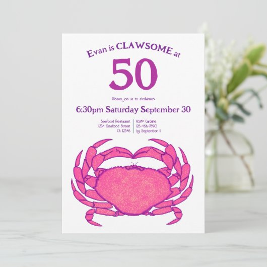 Custom 50th Birthday Bold Pink Crab Seafood Pun 招待状 (スタンド正面)