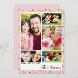 Custom 5-Photo Pink Snowflake Christmas Flat Card シーズンカード