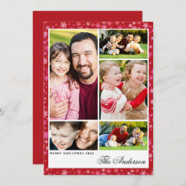 Custom 5-Photo Red Snowflake Christmas Flat Card シーズンカード