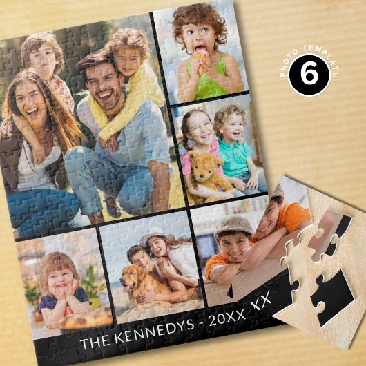 Custom 6 Photo Collage Family Name Minimalist ジグソーパズル