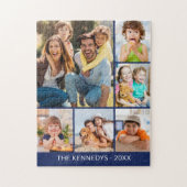 Custom 6 Photo Collage Family Name Minimalist Blue ジグソーパズル (縦)