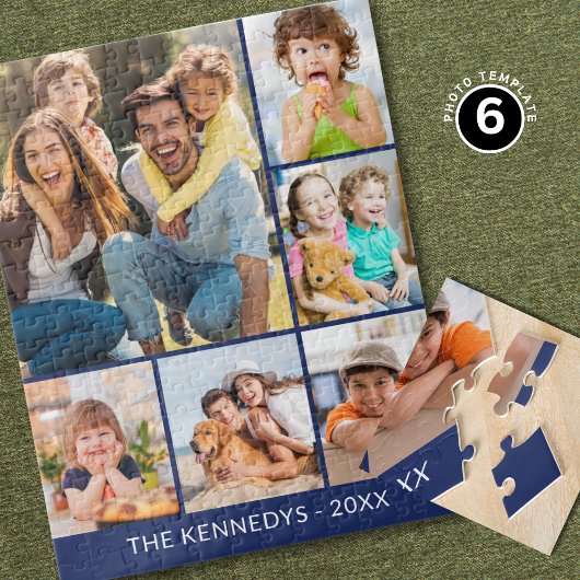 Custom 6 Photo Collage Family Name Minimalist Blue ジグソーパズル