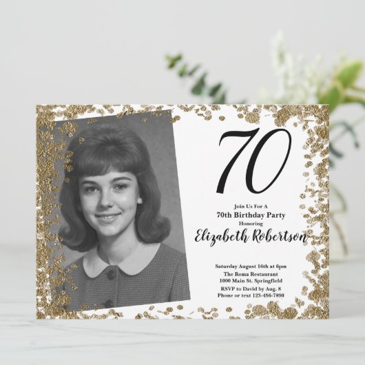 Custom 70th Photo Black and Gold Sequins 招待状 (スタンド正面)