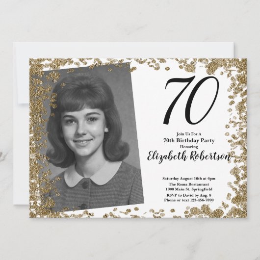 Custom 70th Photo Black and Gold Sequins 招待状 (正面)