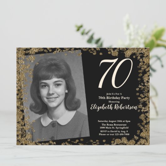 Custom 70th Photo Black and Gold Sequins 招待状 (スタンド正面)