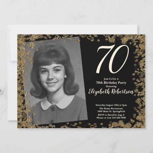 Custom 70th Photo Black and Gold Sequins 招待状 (正面)