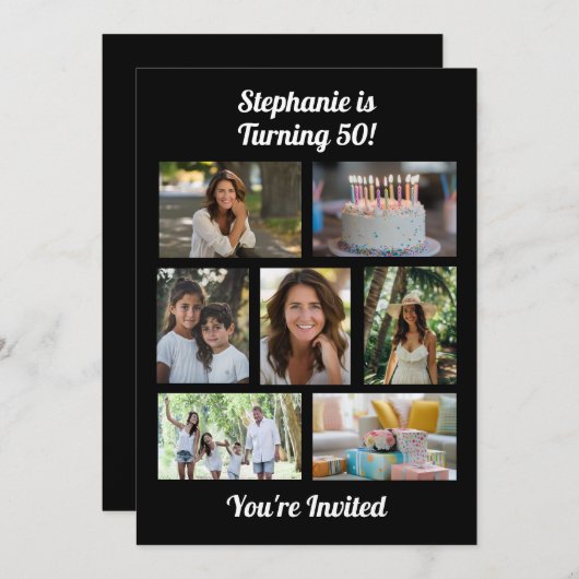 Custom 7 Photo Collage Birthday Party 招待状 (正面/裏面)