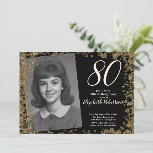 Custom 80th Photo Black and Gold Sequins 招待状 (スタンド正面)