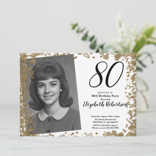 Custom 80th Photo Black and Gold Sequins 招待状 (スタンド正面)