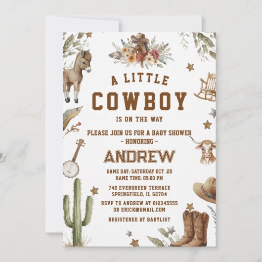 Custom A Little Cowboy Baby Shower Invitation 招待状 (正面)