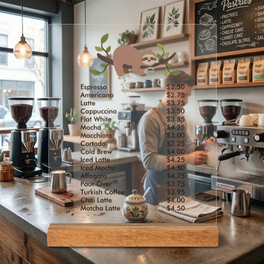 Custom Acrylic Pedestal Menu Sign with Sloth アクリルサイン