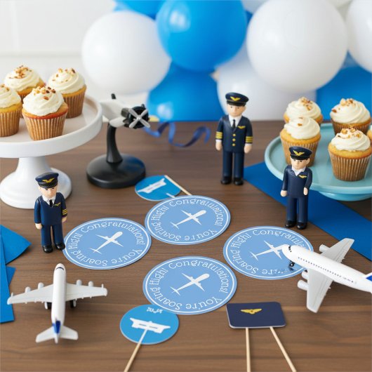 Custom Airplane on Blue Congrats Soaring High ラウンドシール