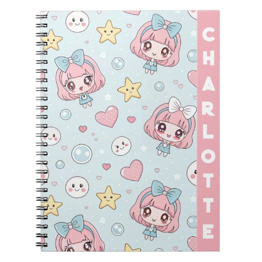 Custom Anime Kawaii with Hearts and Star ノートブック (正面)