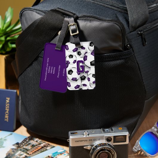 custom athlete monogram purple black soccer balls ラゲッジタグ (正面&裏面)