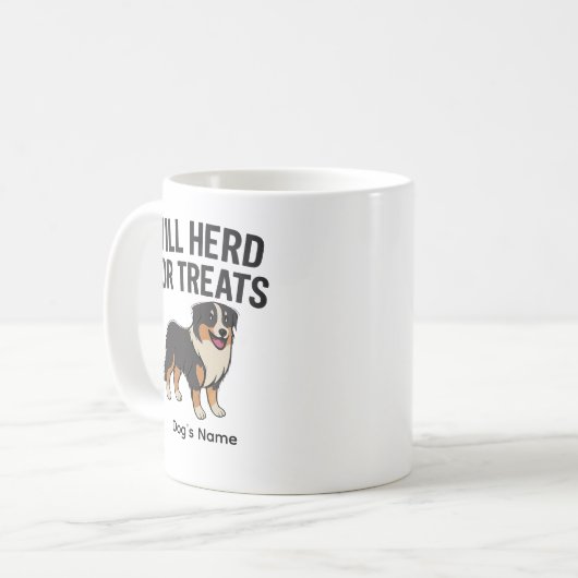 Custom Australian Shepherd “Will Herd for Treats” コーヒーマグカップ (正面左)