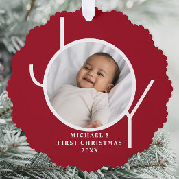 Custom Baby Boy's First Christmas Photo Red オーナメントカード