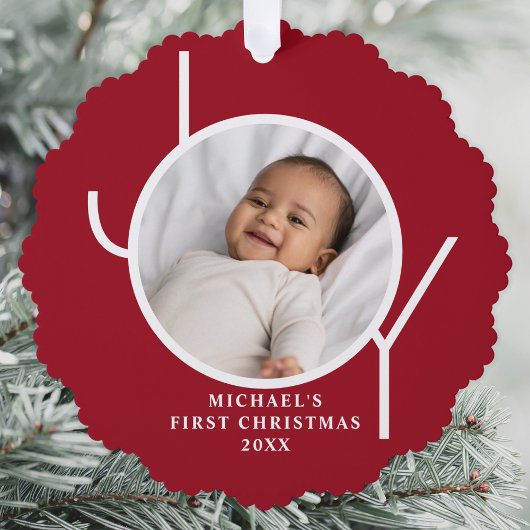 Custom Baby Boy's First Christmas Photo Red オーナメントカード